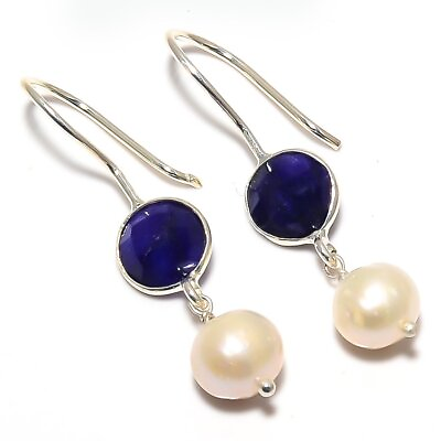 #ad Blue Jeed Pearl Gemstone 925 Solid Sterling Silver Jewelry Earring 1.46 quot; B263 $6.99