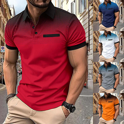 #ad Men#x27;s Spring Summer Casual T Shirt Short Sleeved Buttons Lapel Solid Color Tee $20.21