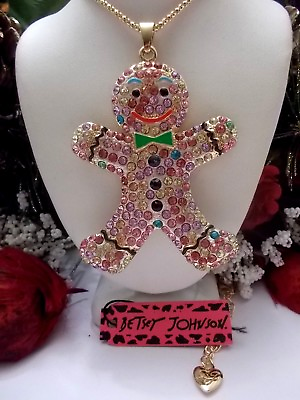 #ad BETSEY JOHNSON CUTE GINGERBREAD MAN INLAID IN CRYSTAL amp; ENAMEL PENDANT NECKLACE $31.99