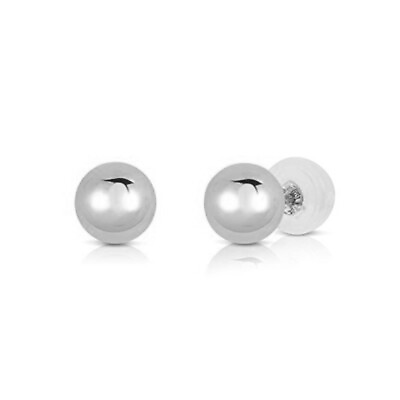 #ad 14K Real Solid White Gold Polished Round Ball Stud Earrings Silicone Push back $22.99