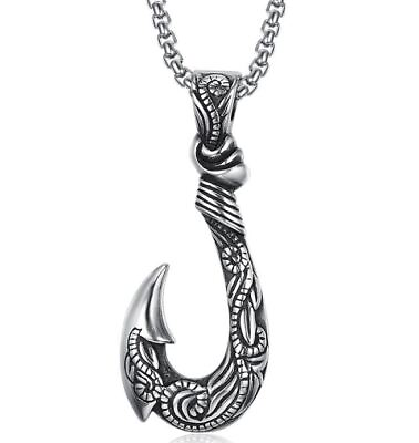 #ad New Mens Hawaiian Fishing Fish Hook Pendant Necklace Steel Jewelry $8.88