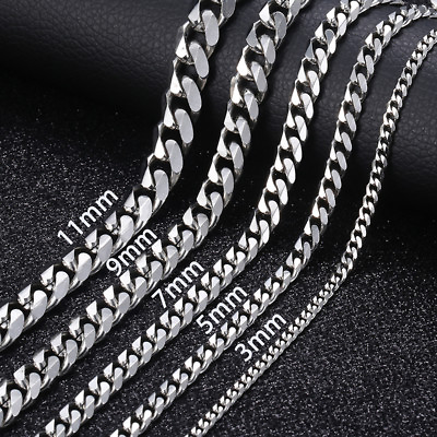 16 36quot; Stainless Steel Silver Chain Cuban Curb Womens Mens Necklace 3 5 7 9 11mm $11.01