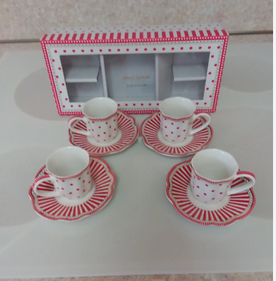 #ad Grace#x27;s Teaware Elegant White with Red Polka Dots and Stripes Espresso Set $40.00