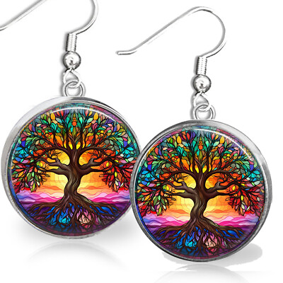 #ad Rainbow Faux Stained Glass Sunrise Tree of Life Earrings Celtic Symbol Artisan $12.95