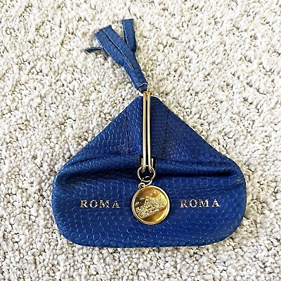 #ad Roma Coin Purse Italy Blue Pebbled Leather Triangle Gold Tassel Snap Vintage 70s $22.00
