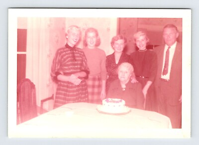 #ad Vintage 1957 Photo Family Around Grandmother Birthday Cake 1950#x27;s Found Art R85 $5.00