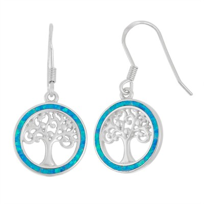 #ad Sterling Silver Round Blue Inlay Opal with Center Tree of Life Earrings $71.00