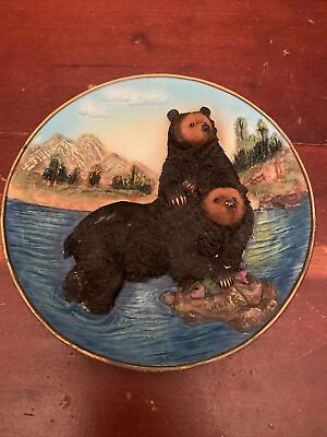 #ad Vintage 3D Bear Plate Bears Catching Trout Mountains Cabin Decor Rustic Charm $20.00