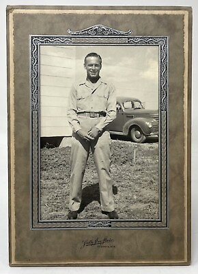 #ad Vintage 1940s Photograph Man Automobile Kenosha Wisconsin Pose Uniform A23 $9.98
