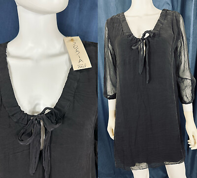 #ad Black Silk Lounge Top Mini Dress Sofia Made in Italy 100% Silk 38” Bust 33” L $14.35