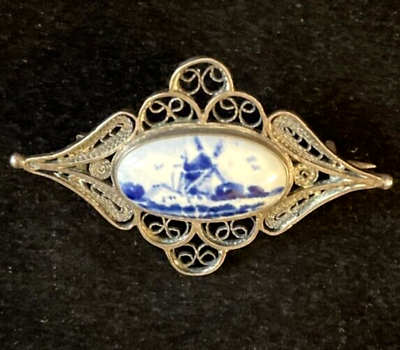 #ad Delft Silver Brooch Blue Ceramic Filigree Vintage 40#x27;s Signed Pin JCS $22.99