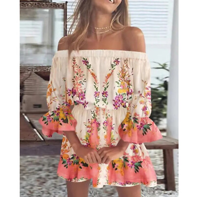 #ad Women Floral Boho Mini Dress Ladies Summer Holiday Beach Off Shoulder Sundress‹ $14.19