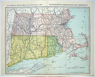 #ad Massachusetts Connecticut amp; Rhode Island Original 1906 Railroad Map. Antique $17.00