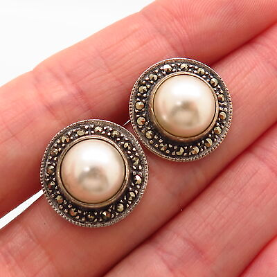 #ad 925 Sterling Silver Real Marcasite Gem amp; Faux Pearl Round Stud Earrings $27.99