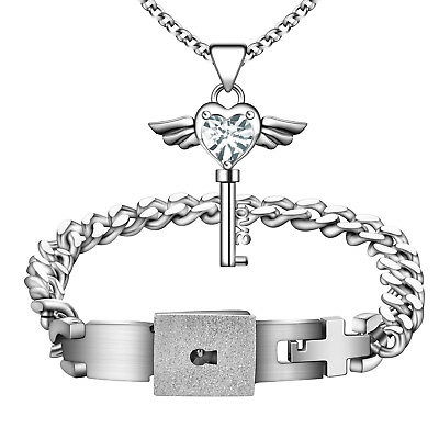 #ad 2pc Hisamp;Hers Heart Key Lock Bangle Bracelet Key Necklace Couple Matching Jewelry $16.99