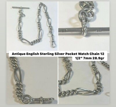 #ad Antique English Hallmark Sterling Silver Pocket Watch Chain 12 1 2” 7mm $150.00
