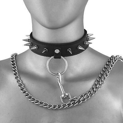 #ad Real Leather Spiked Choker Collar Leather Spike Choker amp; Metal Chain Leash $18.74
