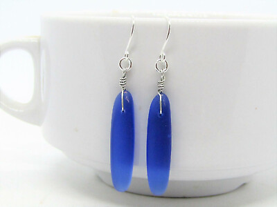 #ad Long Frosted Cobalt Blue Sea Glass Silver French Hook Earrings $12.99