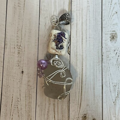 #ad Handmade Wire Wrapped White Stone Purple Beads Purple Seashore Pendant 3quot; $7.50