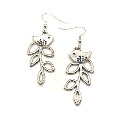 #ad Silver tone Bird and Branch Unique Tree Leaf Earrings Handmade US Seller $8.95