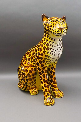 #ad MCM Italy Large Hand Painted Terracotta Pottery Cheetah Leopard Statue Sculpture $1199.99