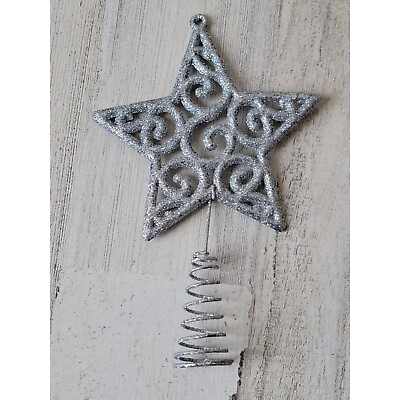 #ad Mini glitter silver swirl star tree topper Xmas decor $5.35