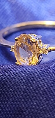 #ad 925 Silver Yellow Gold Plated 3 Stone Yellow White ZIRCONIA Ring Size 7.75 Med $20.23
