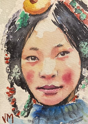 #ad Aceo Original Watercolor Painting Portrait Fine Art Card “Tibetan Girl” $80.00