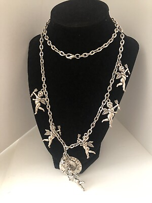 #ad Vintage Extra Long Cherubs SilverTone Necklace $28.00