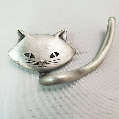 #ad Vintage JJ Jonette Jewelry CAT HEAD and TAIL Silvertone pin brooch $22.49