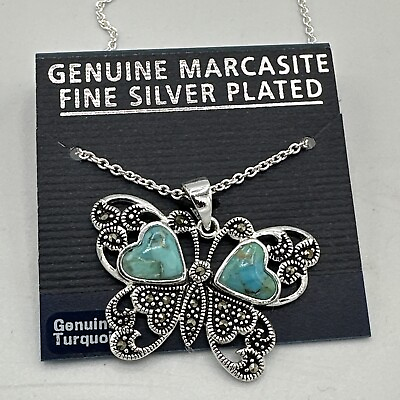 #ad Genuine Silver Plated Marcasite Turquoise Butterfly Necklace $17.59