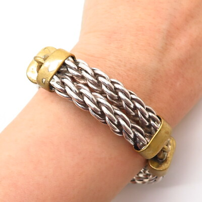 #ad 925 Sterling 2 Tone Vintage Mexico Heavy 2 Row Twisted Rope Link Bracelet 7quot; $425.99