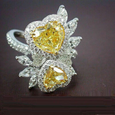 #ad 925 Sterling Silver Cocktail Party Yellow Heart Halo Cluster Gorgeous Women Ring $264.60
