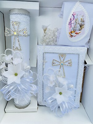 #ad Silver First Communion Candle Set Girl Gift Vela Primera Comunion Niña ENGLISH $39.99