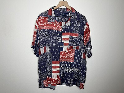 #ad Polo Ralph Lauren Mens Red White Blue USA Flag Print Button Shirt Sz 2XL XXL NWT $89.99