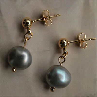 #ad Handmade Freshwater 9 10MM gray baroque pearl earrings 18K Handmade Custom $12.89