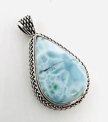 #ad Large Sterling Silver Larimar Pendant with Inclusion 2inch 23gm Vintage Jewelry $89.99
