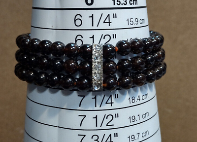 #ad Triple Strand Garnet Beads with Rhinestone quot;barsquot; Elastic Bracelet VGC $40.00