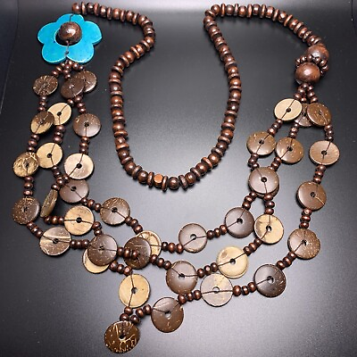 #ad Long Layered Coconut Shell Wood Necklace Brown Blue Flower Boho Statement 38quot; $19.95