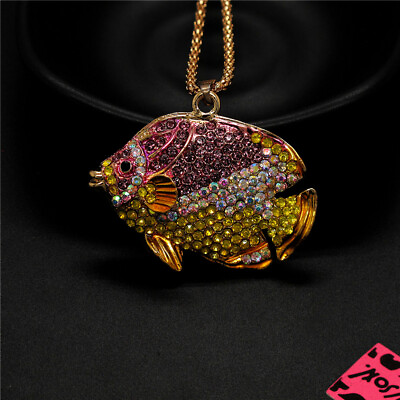 #ad Fashion Women Multicolor Crystal Tropical Fish Pendant Sweater Chain Necklace $3.95