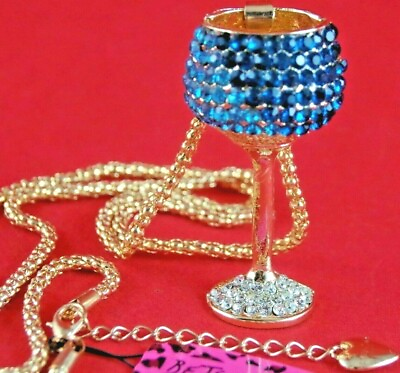 #ad 3D 2 1 8quot; NWT BETSEY JOHNSON BLUE amp; CLEAR CRYSTAL RHINESTONE WINE GLASS NECKLACE $11.99