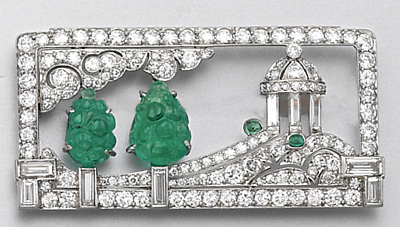 #ad 935 Silver Art Deco Carved Emerald amp; Cubic Zirconia 7.60CT Brooch Circa 1925 $330.00