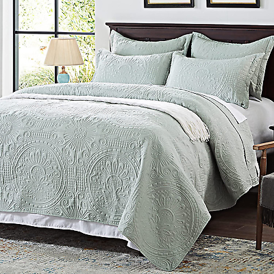 #ad Quilt Queen Size Bedding Set Sage Green Embossed Bedspreads Lightweight Summer $44.99