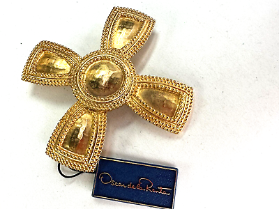 #ad Vintage Brooch Oscar De la Renta Cross Heavy Gold 90s Chunky Signed $140.00