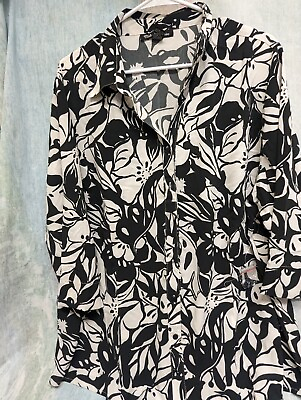 #ad Women’s Pattern White Black Long Button Up Size 2X Flower Floral $14.50