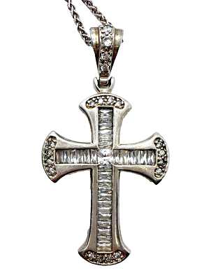 #ad Sterling Silver Cubic Zirconia Cross Pendant With Silver 17” Chain 925 $74.99