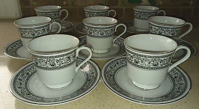 #ad 8 Bristol Fine China Tribute Platinum Footed Cup amp; Saucer Sets Black White Rare $39.95