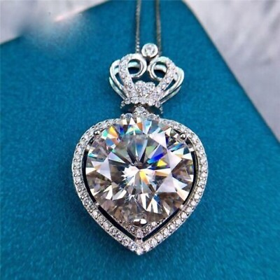 #ad Real Moissanite 2Ct Round Crown Heart Pendant 14K White Gold Plated Free Chain $119.99