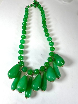 #ad Vintage Necklace Green Bead Teardrop Lucite Bright Plastic Hong Kong $14.00