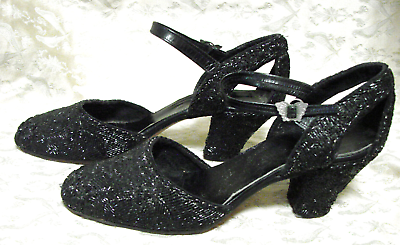 #ad Vintage 30s Shoes Heels Strap Black Beads BUTTERFLY BUCKLE 7 Varias VGC $124.99